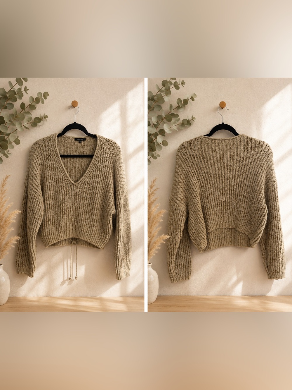 V-Neck Chunky Knit Sweater in Olive Taupe
